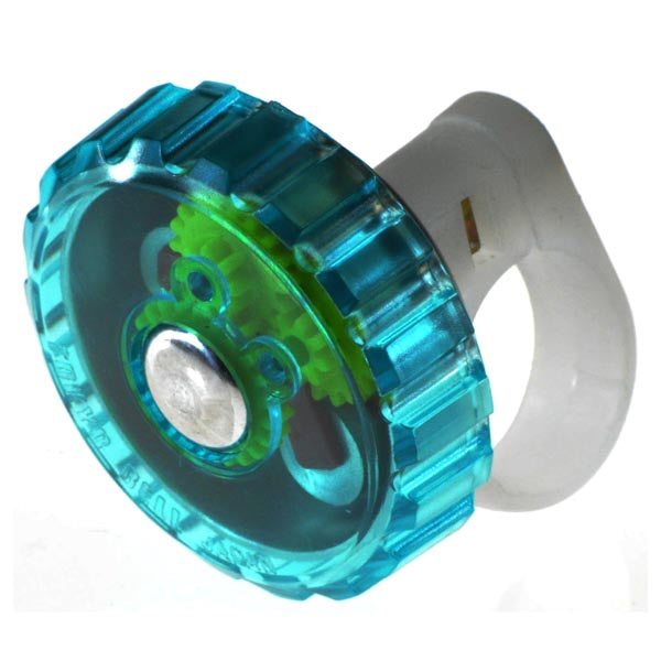 Bell with Handlebar Mount for Recreational Scooters, featuring a close-up of the transparent blue and green plastic ring design, ideal for scooters. Designed by Incredibell®, this bell adds a stylish touch.