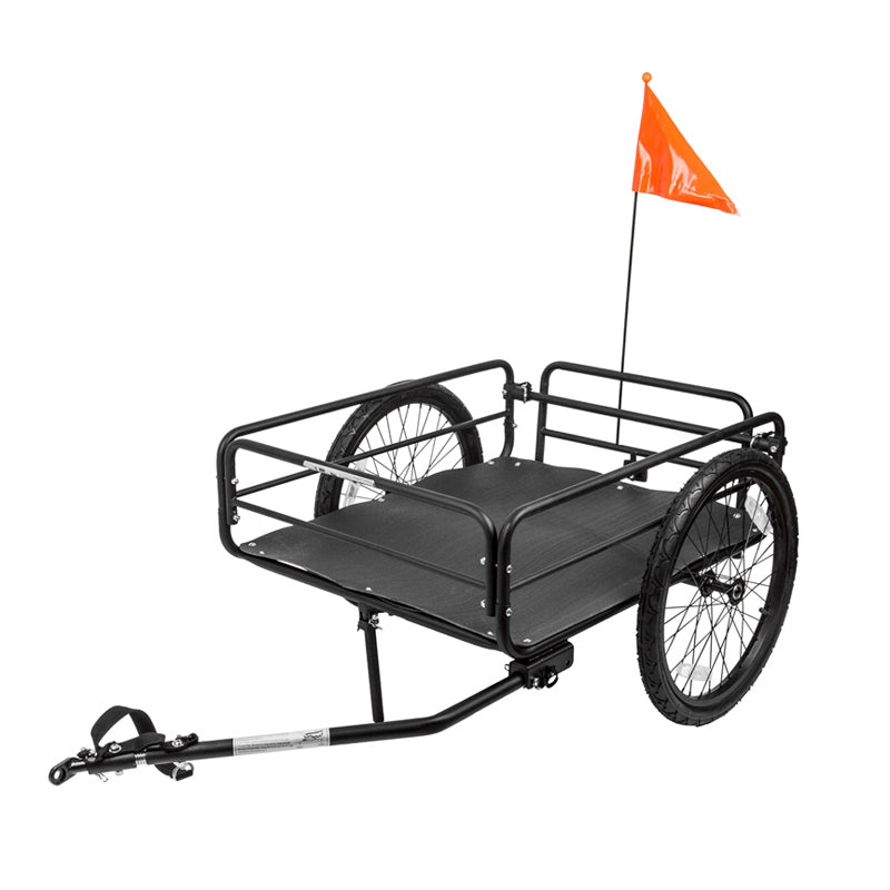 Cargo Trailer for Bikes: A black bicycle trailer with a tubular steel frame, heavy-duty nylon base, and an attached orange flag, designed for carrying up to 120 lbs of cargo.