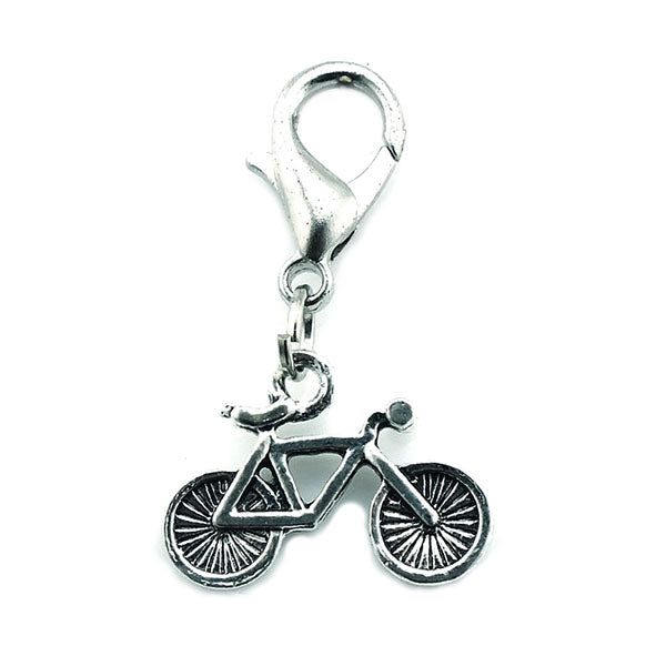 Bicycle Charm Zipper Pull with Lobster Clasp featuring a detailed silver bicycle charm, perfect for cyclists. The small metal bike charm measures 5/8 wide by 1/2 tall and hangs from a lobster clasp.