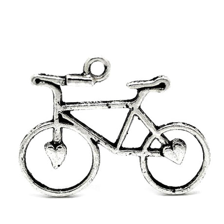 1-1/4 Bike Hearts Bicycle Charm Pendant, a silver bicycle-shaped charm with heart details, perfect for a cyclist's bracelet. Features a small loop at the handlebar grips for easy attachment.