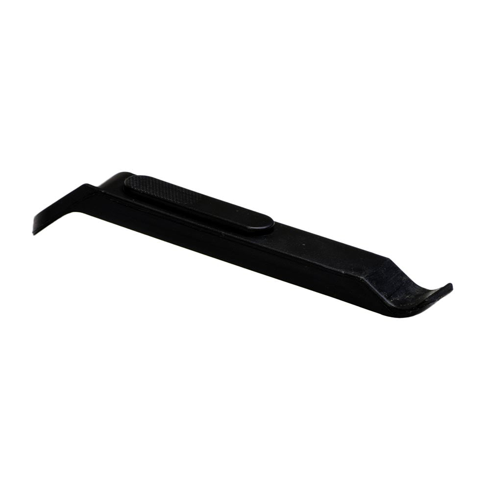 Scooter & Bike Tire Lever: A black plastic tool with a curved spoon end and a hooked handle, designed for easy tire changes without damaging rims or inner tubes.