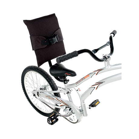 Trailer Bike Back Rest attached to a bicycle seat, featuring ergonomic padding and a durable safety-buckle system. The back rest ensures safety and comfort for young riders on Adams Trail-A-Bike models.