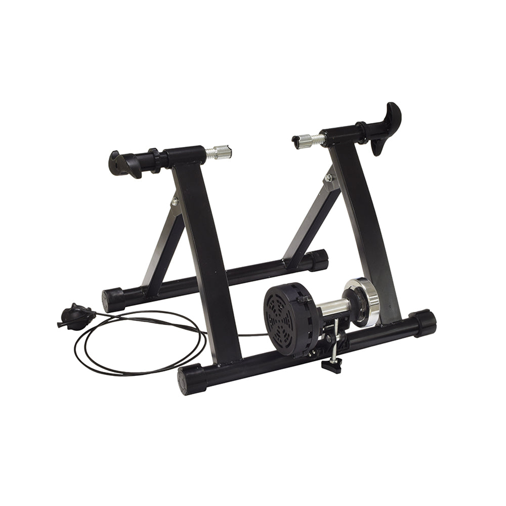 Indoor Bicycle Resistance Trainer with Remote for 24 - 28 Bikes, featuring a black bike stand with an adjustable magnetic resistance and attached cord, suitable for transforming regular bikes into indoor trainers.