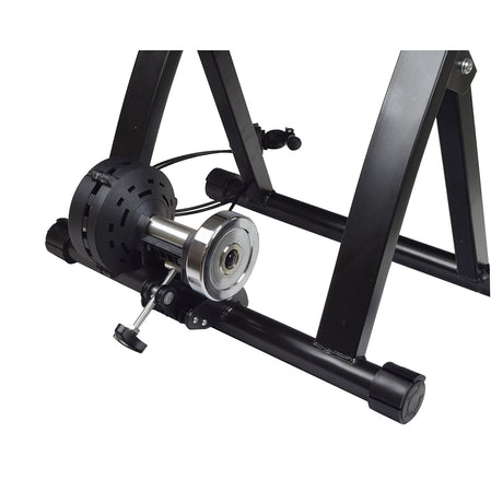 Indoor Bicycle Resistance Trainer with Remote for 24 - 28 Bikes, featuring a sleek black and silver design, adjustable magnetic resistance, and compact frame for easy storage and mobility.