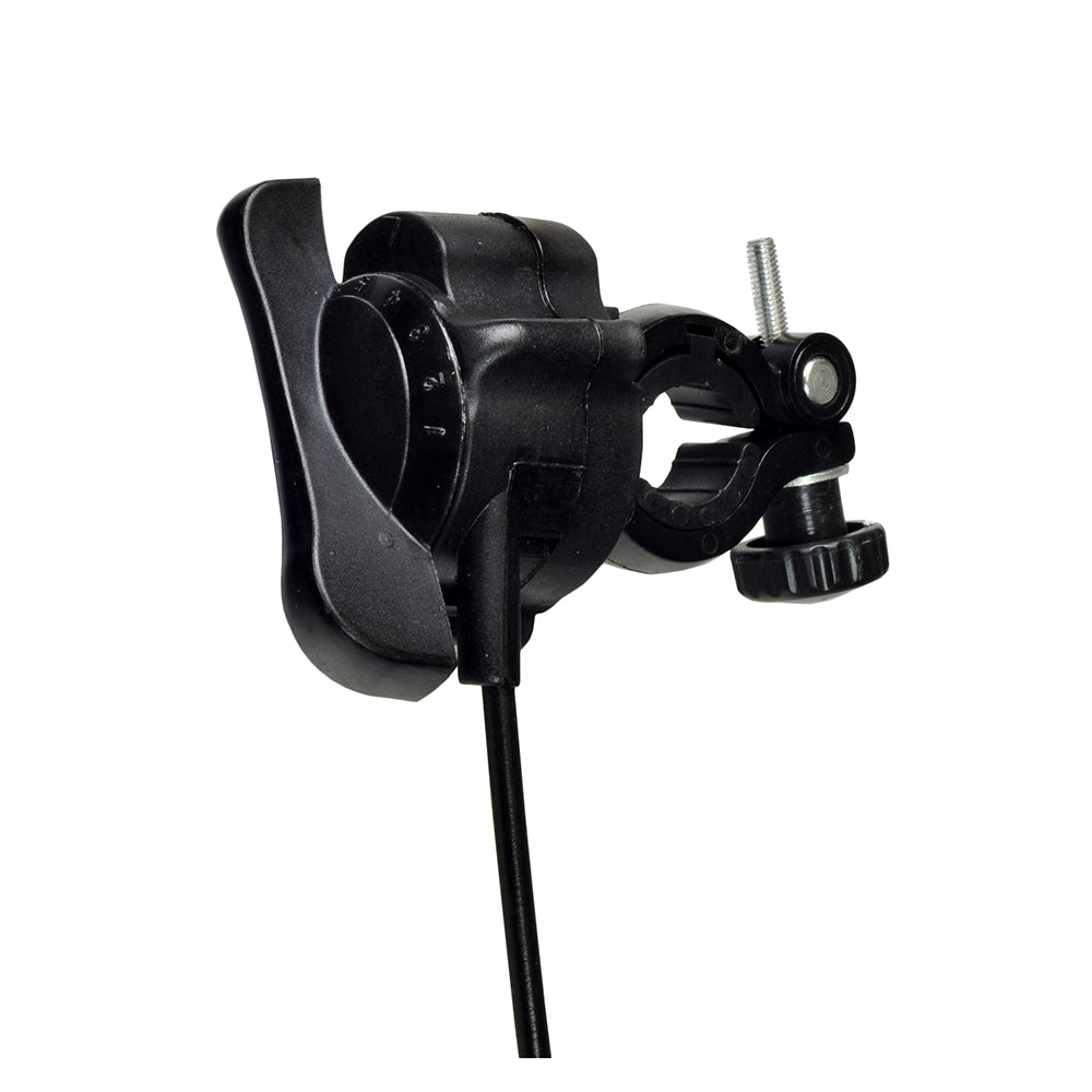 Indoor Bicycle Resistance Trainer with Remote for 24 - 28 Bikes, featuring a close-up of the black plastic clamp and handlebar attachment with a screw for secure mounting.