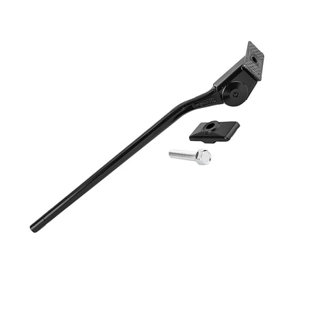 Black Alloy Center Mount Kickstand featuring a black metal tool with a bolt and nut, designed for easy bike installation with lightweight non-corrosive alloy and dual spring pressure plate.