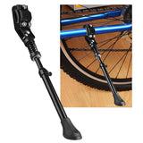 Black Alloy Adjustable Kickstand for 16, 20, & 24 Bikes, shown with a close-up of a mounted bike tire and a nearby bicycle pump, emphasizing its sturdy alloy construction and easy mounting.