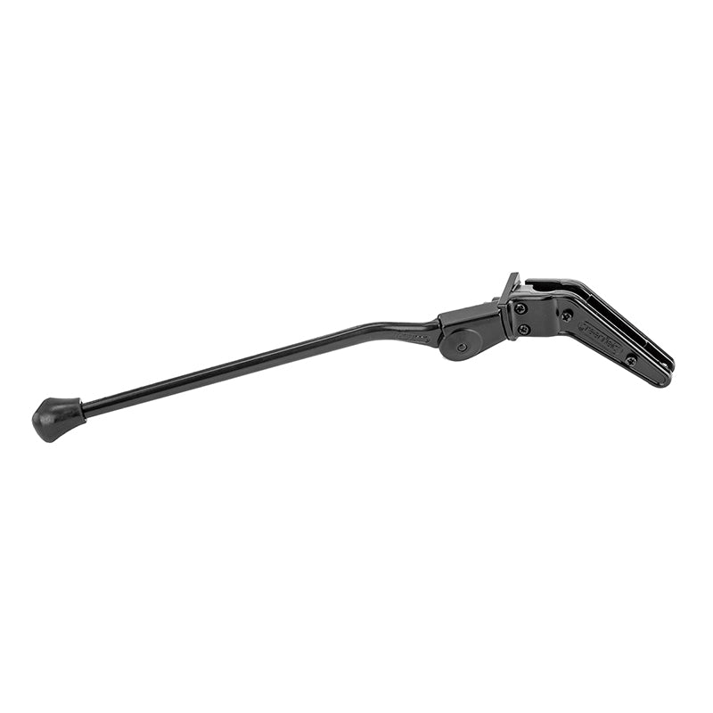 Black Alloy Rear Mount Bicycle Kickstand by Greenfield, featuring a sturdy black stand with a handle, suitable for most bikes, available in 285 mm or 305 mm lengths for optimal support.