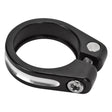 Black Alloy Seat Clamp for 31.8mm Posts featuring a sleek black ring design with a visible screw, ideal for enhancing the stability of bike or scooter seats.