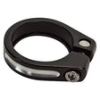 Black Alloy Seat Clamp for 34.9mm Posts featuring a black metal ring with a visible screw, designed for use with bikes and scooters.