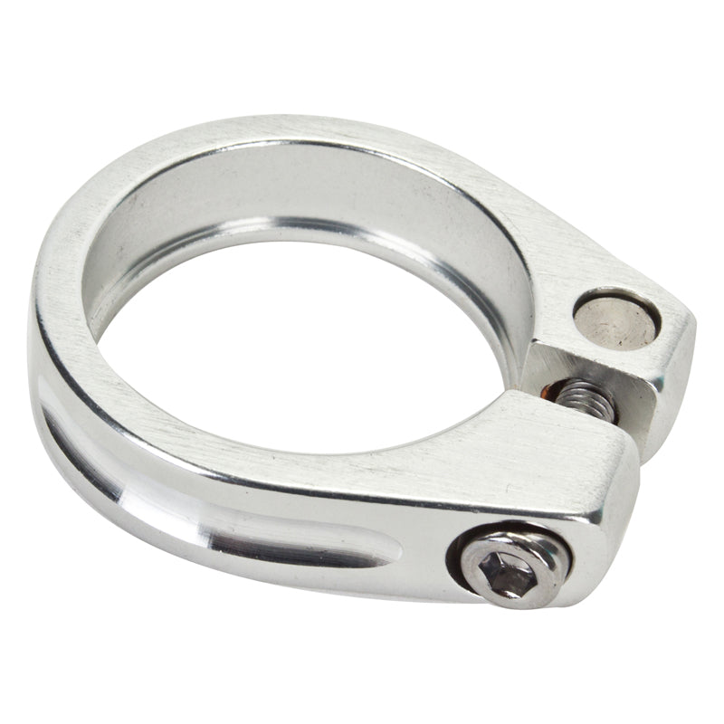 Black Alloy Seat Clamp for 34.9mm Posts featuring a sleek silver ring design with a visible screw, ideal for enhancing and securing your bike or scooter seat.