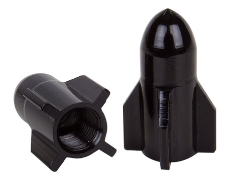 Close-up of the Black Atlas Valve Cap Set, featuring a sleek black metal design with a visible nut, perfect for enhancing your bike or scooter.