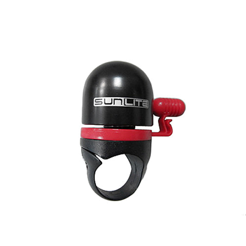 Black Bar Capsule Bell by Sunlite with an alloy top, plastic base, and lever, shown in a close-up view highlighting its compact, sleek design ideal for bicycles.