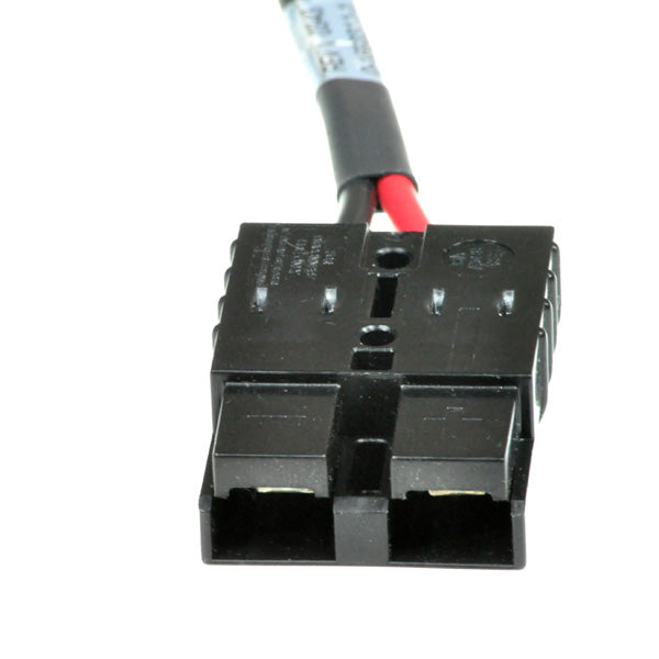 Black Battery Harness for the Rascal 600 Series, featuring a black electrical connector with attached red and black wires, designed to connect the controller wiring harness to the battery.