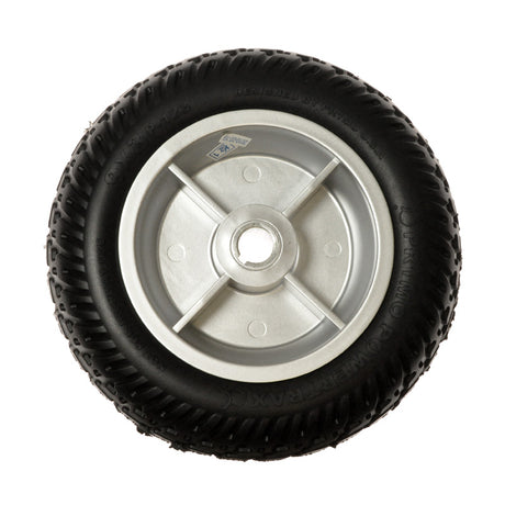 Black Foam Filled Rear Wheel Assembly for the Pride Revo (SC63/SC64), featuring a silver rim, black tire, and blue-tagged hubcap, offering stylish dependability for mobility scooters.