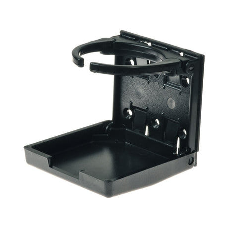 Black Folding Cup & Drink Holder (No Mounting Hardware) shown in black plastic with a round ring and multiple pre-drilled countersunk mounting holes, designed for scooters, power chairs, and wheelchairs.