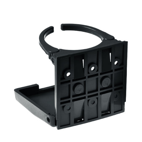 Black Folding Cup & Drink Holder (No Mounting Hardware) for scooters, power chairs, and wheelchairs. Features a universal back with six pre-drilled mounting holes for easy installation on existing brackets.