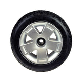 Black Flat Free Front Wheel Assembly for the 4-Wheel Pride Maxima (SC940/SC941) featuring a black tire with a silver rim, includes wheel bearings and spacers for optimal scooter performance.