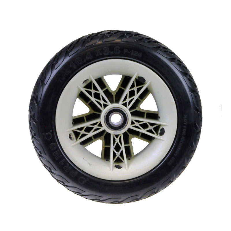 Black Flat Free Front Wheel Assembly for the 4-Wheel Pride Maxima (SC940/SC941) featuring a tire with a white rim, complete with wheel bearings and non-marking black tire.