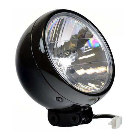 12 Volt Black Headlight Assembly for the Baja MB200 & Massimo MB200 Mini Bikes, featuring a round black headlight with an attached white cable, ideal for 12V, 35W replacement.