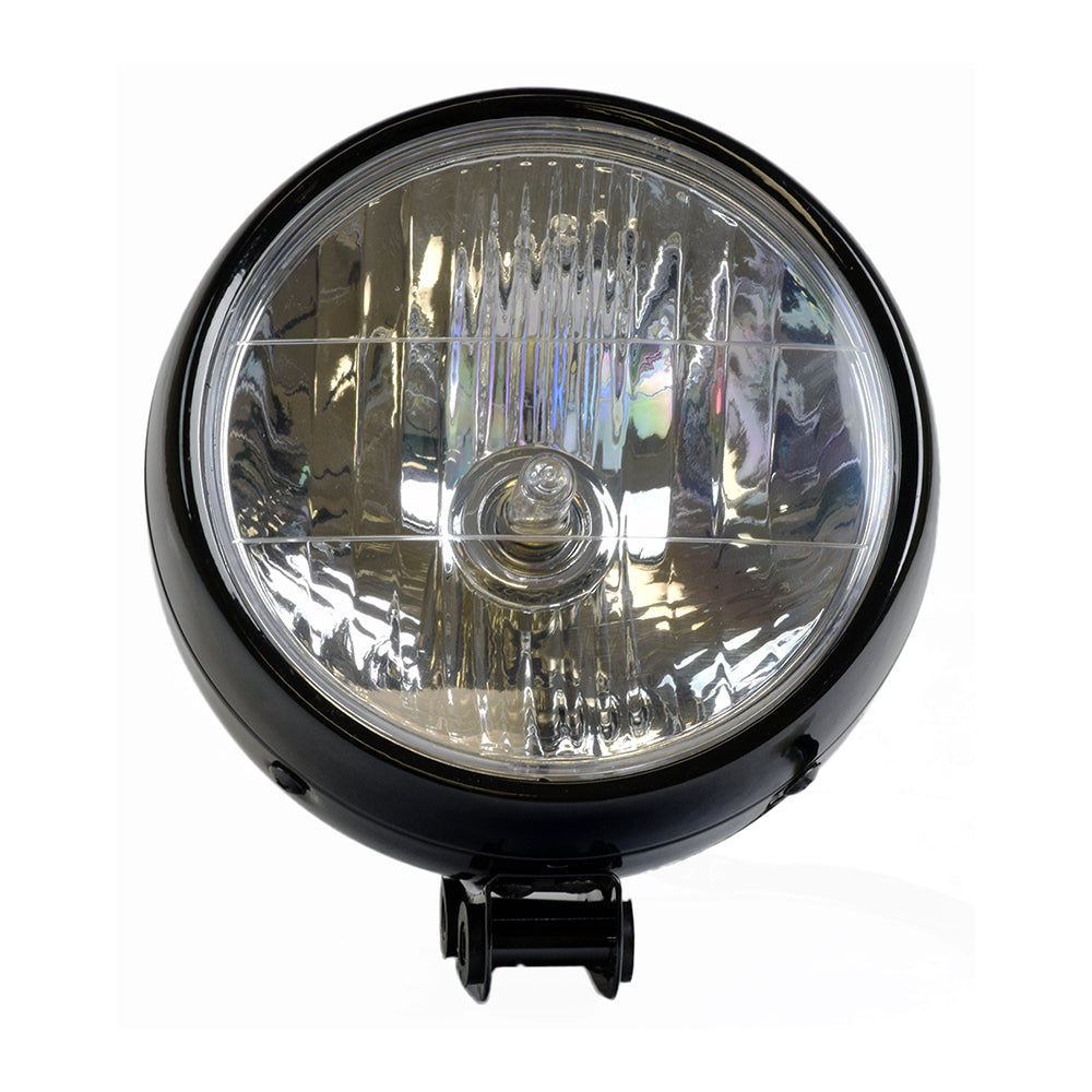 12 Volt Black Headlight Assembly for the Baja MB200 & Massimo MB200 Mini Bikes, featuring a round headlight with a black base, shown in a close-up view.