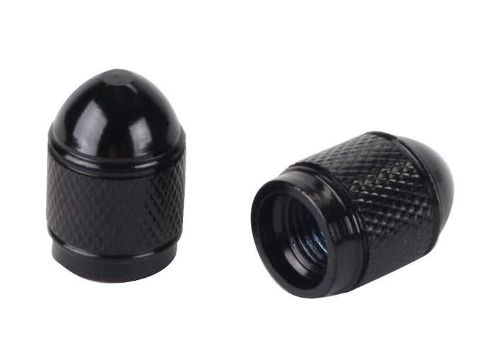 Close-up of the Black Hex Sport Valve Cap Set, showcasing a black nut-shaped cap, ideal for bikes and scooters.