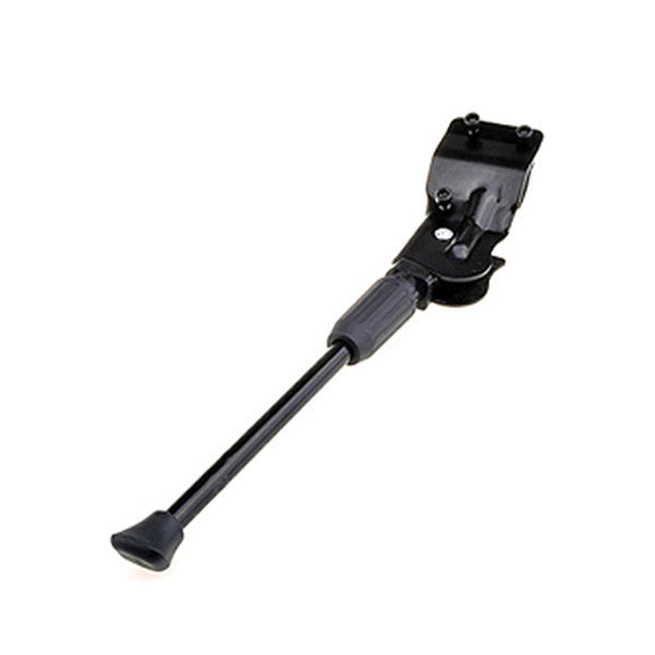 Black Iron Alloy Kickstand for 26 Bikes, featuring a sturdy black metal rod with a black handle, designed for 2-hole frame mounts, ideal for keeping bikes upright, especially with added carriers or bags.