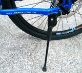 Black Iron Alloy Kickstand for 26 Bikes, shown attached to a blue bicycle with a close-up of the kickstand and bike tire, suitable for 2-hole frame mounts.