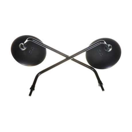 Black Mirror Set for the Genuine Buddy Scooter featuring crossed mirrors with black satin finish and metal handles, adaptable 8 mm threads for various scooter models, enhancing both style and functionality.