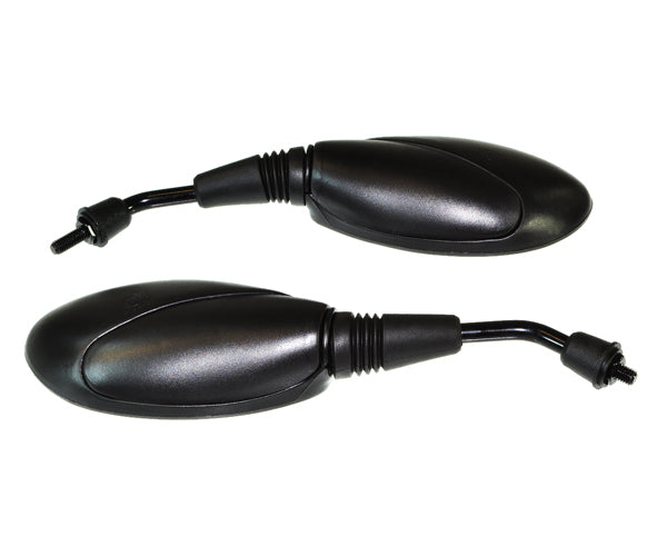 Left and Right Black Mirror Set with 8 mm Left & Right-Hand Threads, featuring two black mirrors designed for scooters, displayed on a white background, highlighting their adaptability and opposite threading.