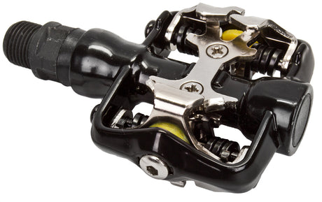 Black MTB Clipless 9/16 Threaded Pedals featuring a sturdy black handle and silver accents, designed for bicycles and scooters, offering durability with metalware and carbon components.