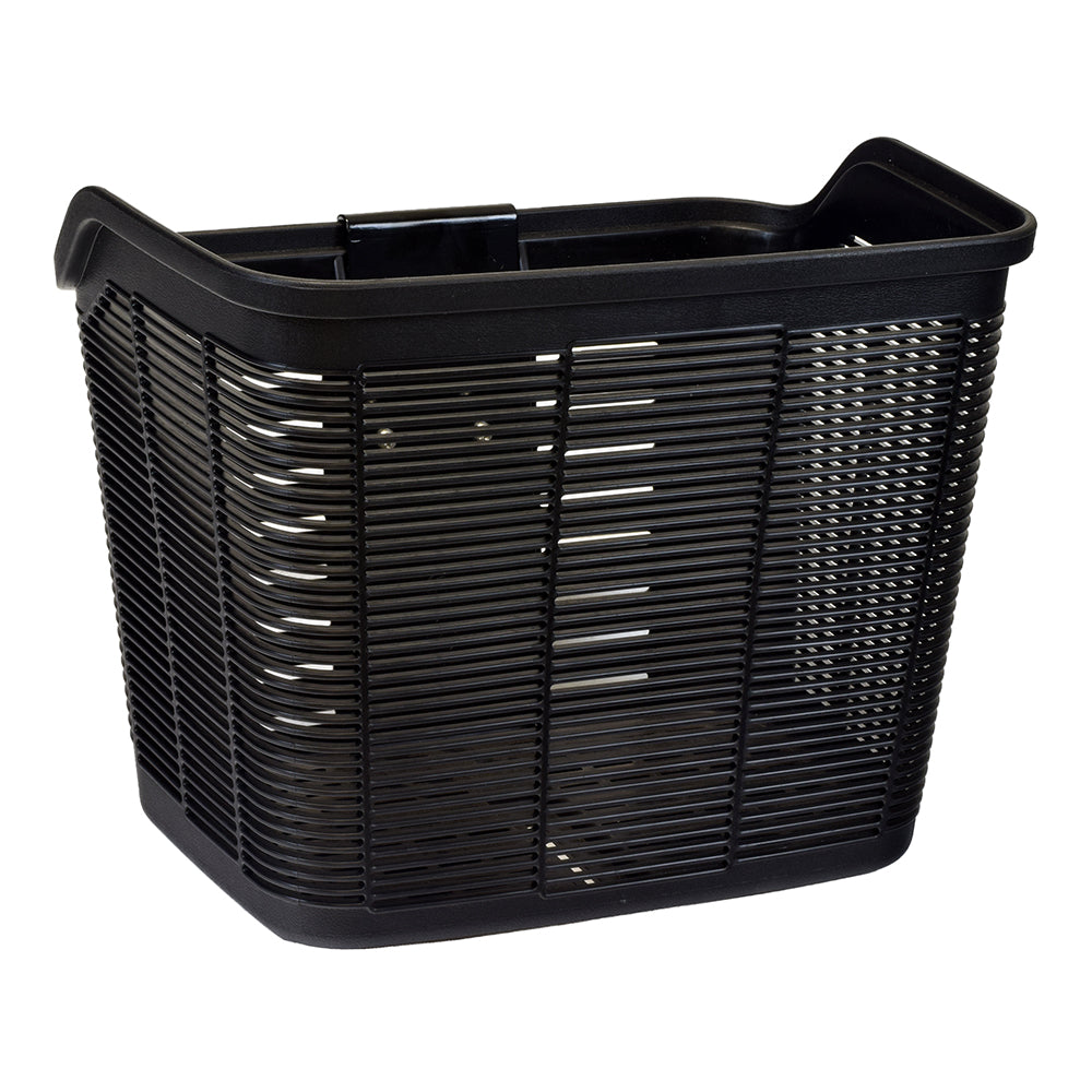 Front Black Plastic Basket with Hardware for Shoprider Mobility Scooters, featuring a sturdy handle and mounting hardware, designed as a replacement for the discontinued wicker basket, suitable for Sunrunner 3 and 4 models.