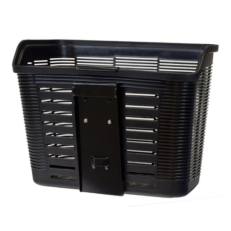 Front Black Plastic Basket with Hardware for Shoprider Mobility Scooters, featuring a door and ventilation holes, suitable for mounting on Sunrunner 3 and Sunrunner 4 models.