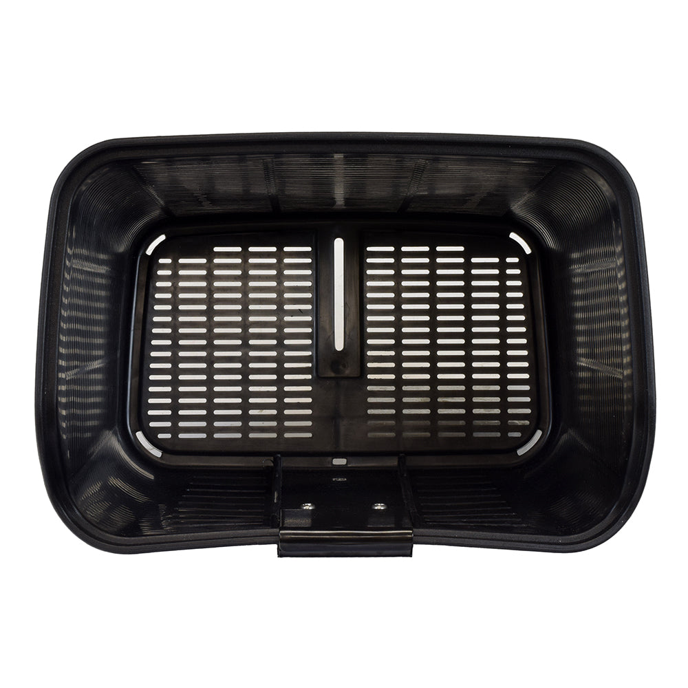 Front Black Plastic Basket with Hardware for Shoprider Mobility Scooters, featuring a handle and holes, designed for mounting on Sunrunner 3 and Sunrunner 4 models.