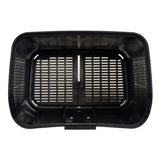 Front Black Plastic Basket with Hardware for Shoprider Mobility Scooters, featuring a handle and holes, designed for mounting on Sunrunner 3 and Sunrunner 4 models.