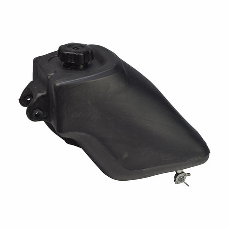 Black Plastic Fuel Tank with Petcock Valve for 90cc to 150cc ATVs, featuring a black cap, wheels, and a small hole on the cap, suitable for various custom projects and gas-powered vehicles.