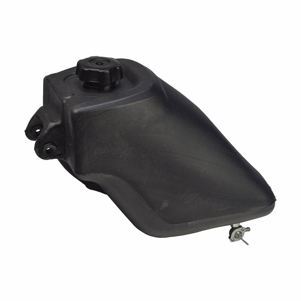 Black Plastic Fuel Tank with Petcock Valve for 90cc to 150cc ATVs, featuring a black cap and wheels. Ideal for replacing worn tanks, compatible with various Chinese-made gas-powered dirt bikes and generators.