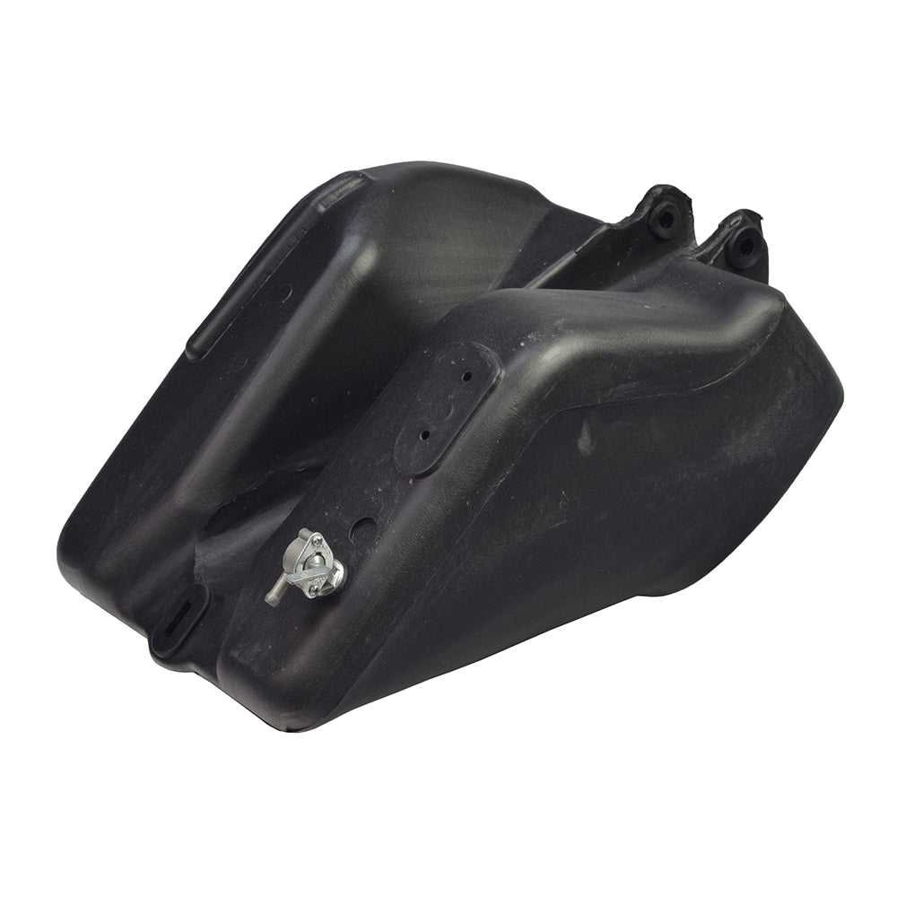 Black Plastic Fuel Tank with Petcock Valve for 90cc to 150cc ATVs (Missing Hardware) - a black plastic container featuring a metal screw, ideal for replacing old or damaged gas tanks.