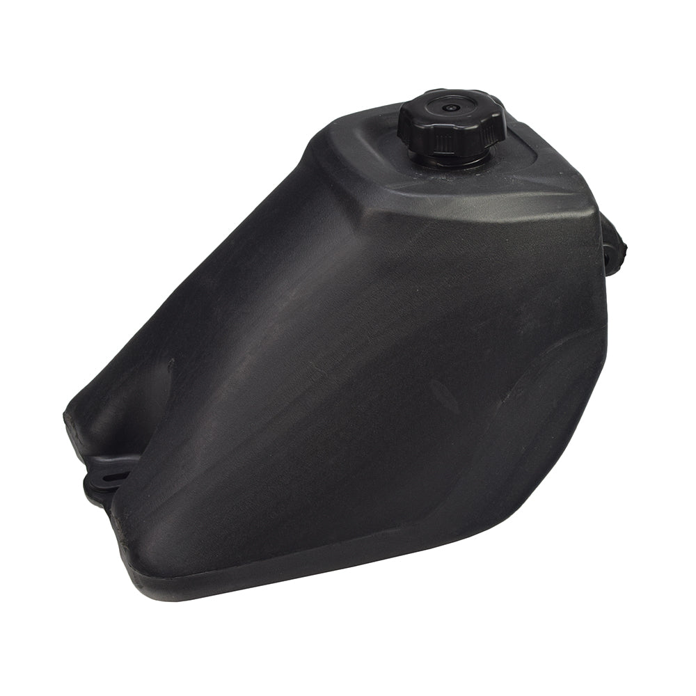 Black Plastic Fuel Tank with Petcock Valve for 90cc to 150cc ATVs, featuring a sturdy black plastic build and a screw-on black cap. Suitable for various ATVs, dirt bikes, and small generators.