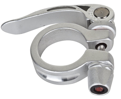 Quick Release Seat Clamp for 31.8mm Posts: A close-up of a silver metal clamp with a round handle lever, designed for easy adjustment on bikes and scooters.