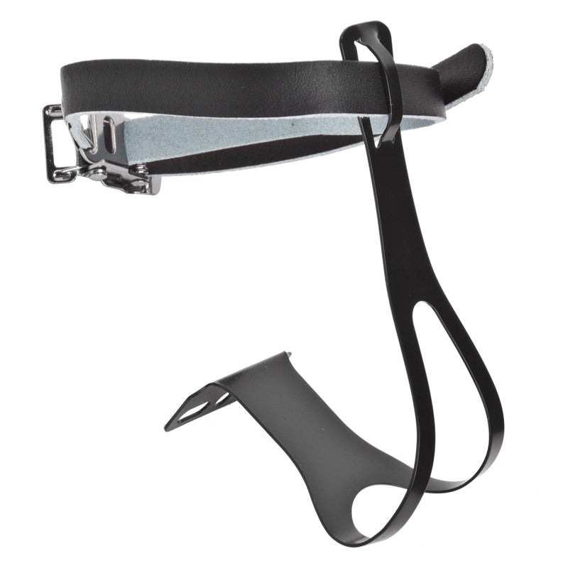 Black Racing Toe Clips with Leather Straps shown on a white background, ideal for enhancing the grip and control on bikes or scooters, available from Sunlite at Monster Scooter Parts.