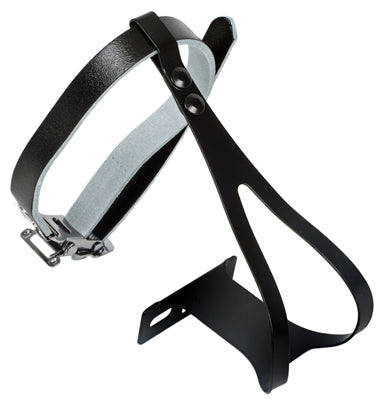 Black Racing Toe Clips with Leather Straps featuring a black metal stand and curved band, perfect for enhancing bike or scooter rides with secure and stylish support.