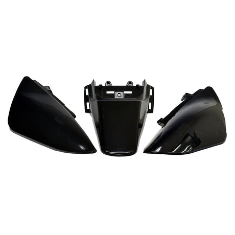 Black Rear Fender Set for 49cc, 50cc, & 70cc Dirt Bikes, featuring three plastic pieces: two side fenders and one rear tail fender, each with holes for mounting.