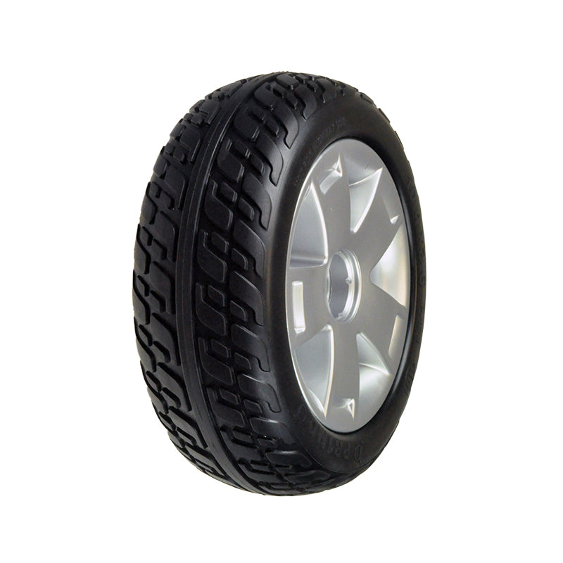 10.75x3.6 Flat-Free Black Rear Wheel Assembly for the Pride Maxima (SC900/SC940), featuring a black tire with a silver rim, designed for second-generation scooters with serial numbers S5730610001030 and later.