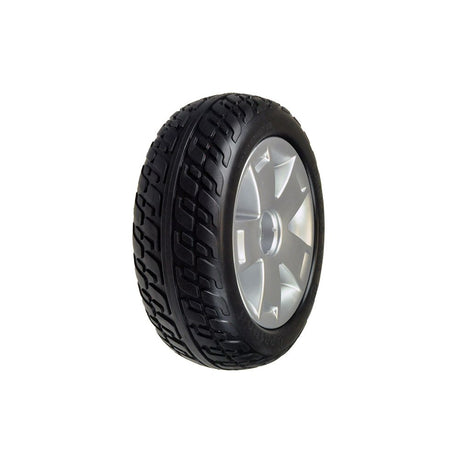 10.75x3.6 Flat-Free Black Rear Wheel Assembly for the Pride Maxima (SC901/SC941), featuring a black tire with a silver rim, designed for rear brake assembly compatibility.