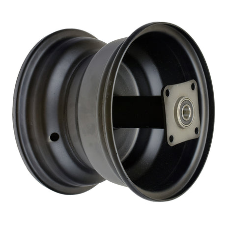 Black Rear Rim for Baja Mini Bikes MB165 & MB200, featuring a close-up of the black wheel with a metal center, highlighting its compatibility with both mini bike models.