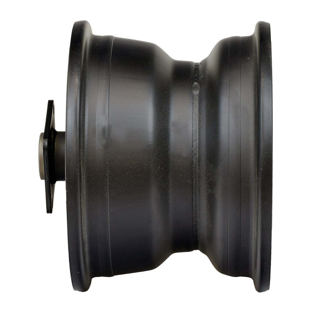 Black Rear Rim for Baja Mini Bikes MB165 & MB200, featuring a black wheel with a nut and metal disc, compatible with both mini bike models.