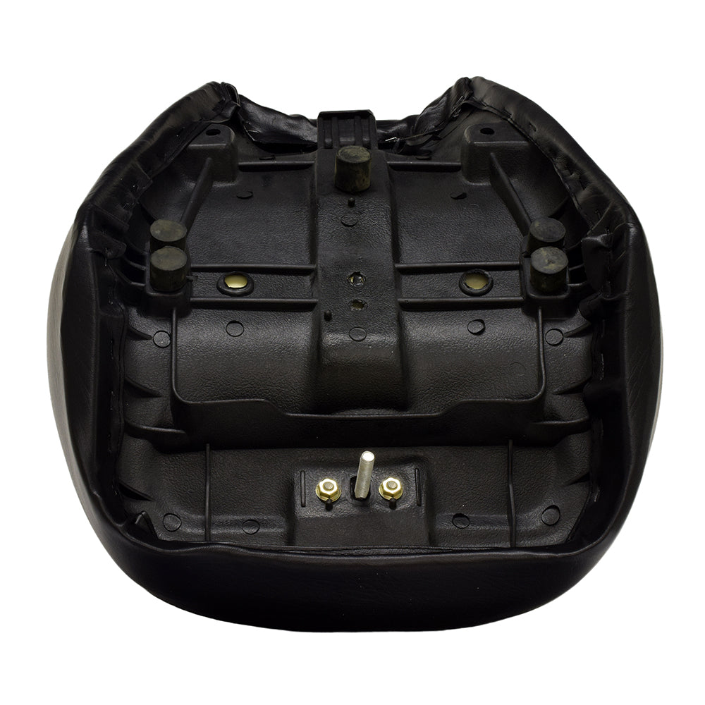 Black Seat for the Massimo Warrior 200 MB200 Mini Bike, featuring a wide, comfortable black vinyl surface with visible metal screws for secure attachment, shown in a close-up view.