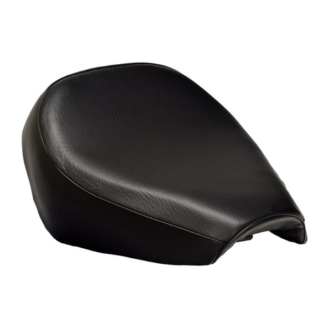 Black leather seat from the Seat & Fender Cosmetic Refresh Mini Bike Kit, designed for durability and comfort, featuring a wide, padded surface suitable for various mini bike models.