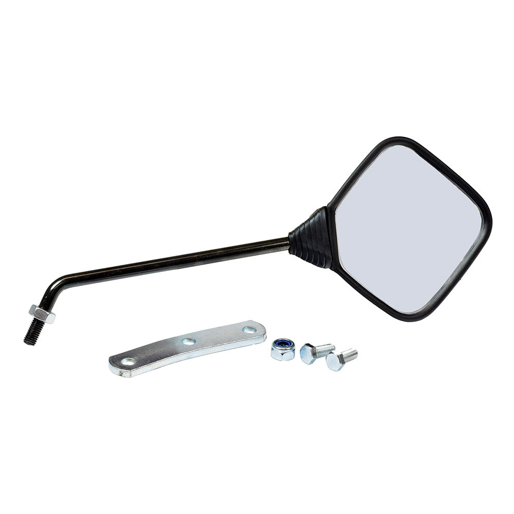 Black Square Mirror for Vintage Vespa Scooters, shown with included mounting hardware like screws and bolts, suitable for both left and right sides, featuring a black finish popular in the 1980s.